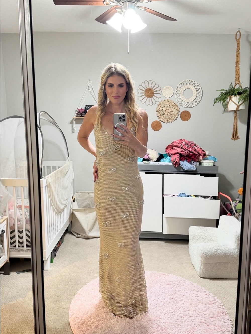 LoveShackFancy Beige Embellished Maxi Slip Dress